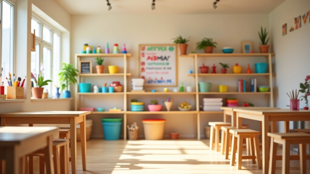 Well-organized creative play space with open shelving, accessible art supplies, comfortable seating areas, natural lighting, and displayed children's artwork on walls