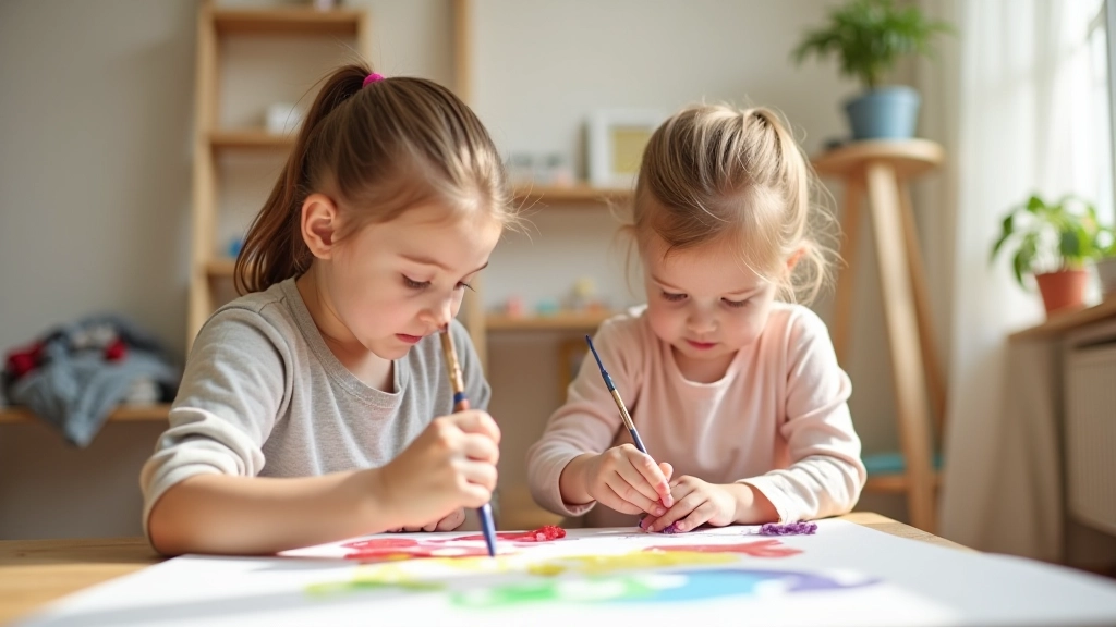 Group of young children participating in collaborative art project, painting together on large canvas with vibrant colors and materials