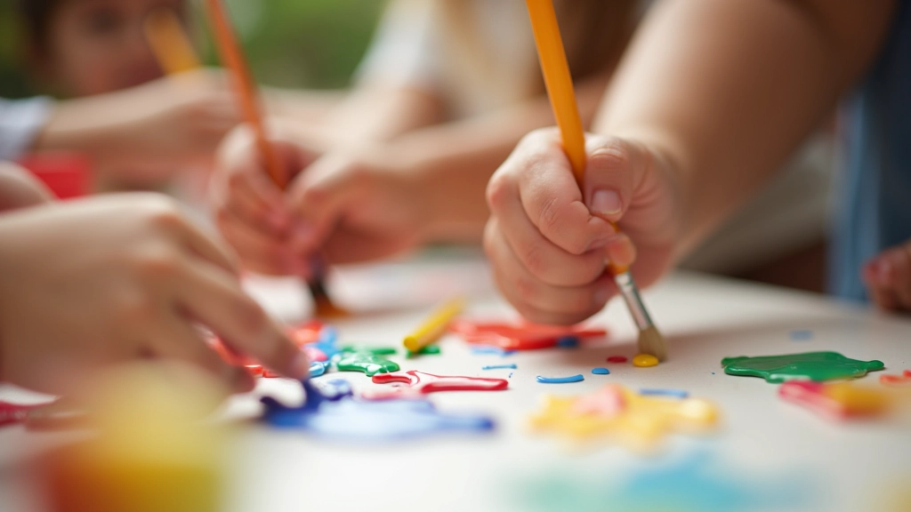 Children's hands working on creative art projects with paints, brushes, and colored materials, close-up showing active engagement and focus during workshop