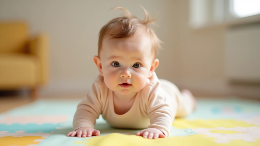 Infant practicing tummy time and early motor skill development on soft play mat in safe environment