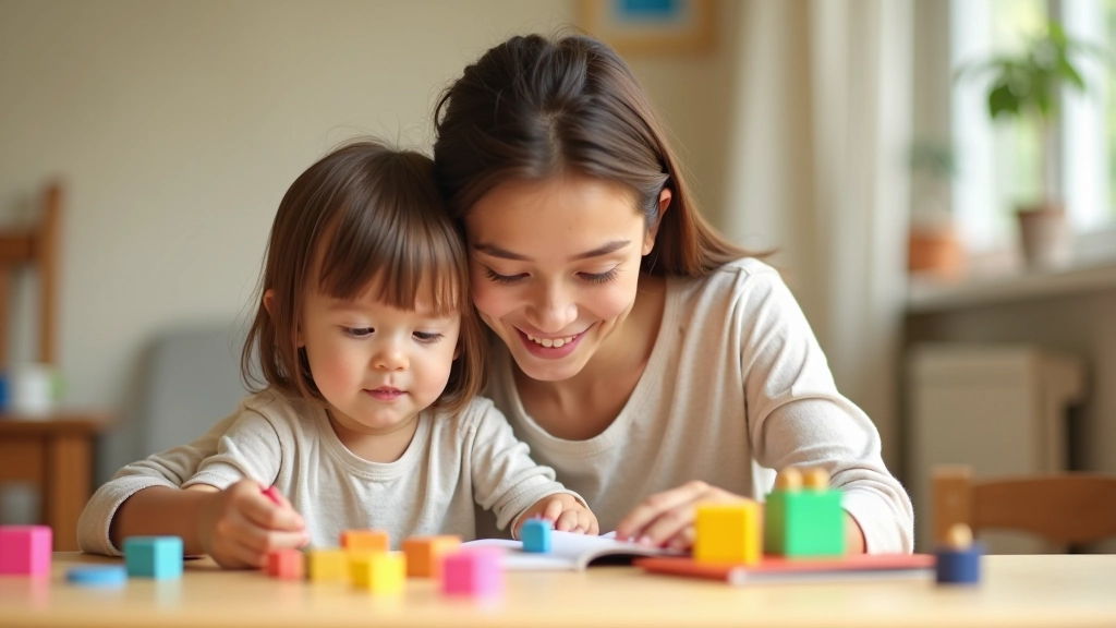 Parent guiding toddler hand-over-hand through fine motor skill activity with small objects
