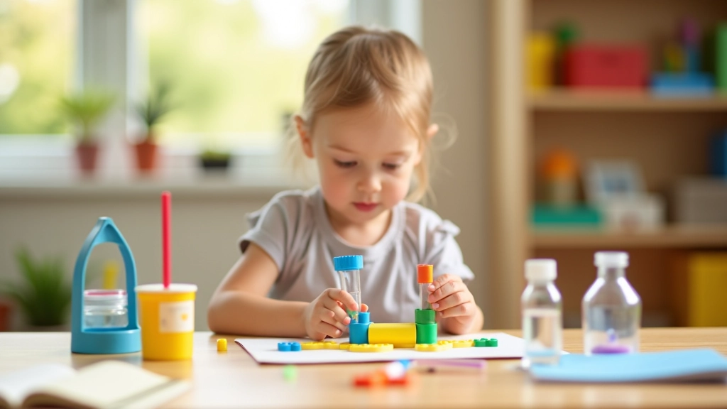 Child engaged with educational STEM activity station featuring wooden blocks and learning materials