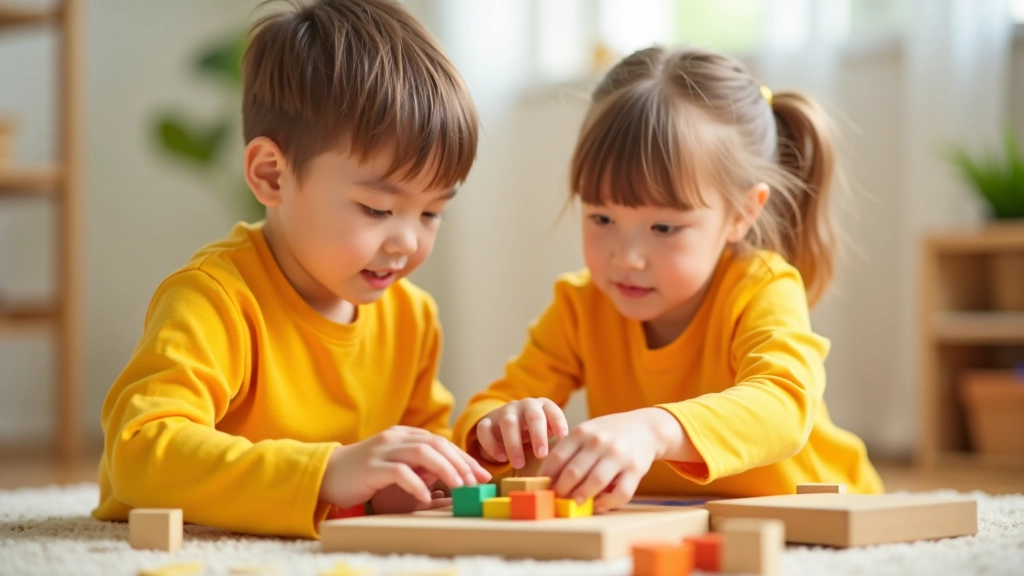 Young children aged 5-6 fully clothed, engaged in collaborative building and construction activity with colorful blocks