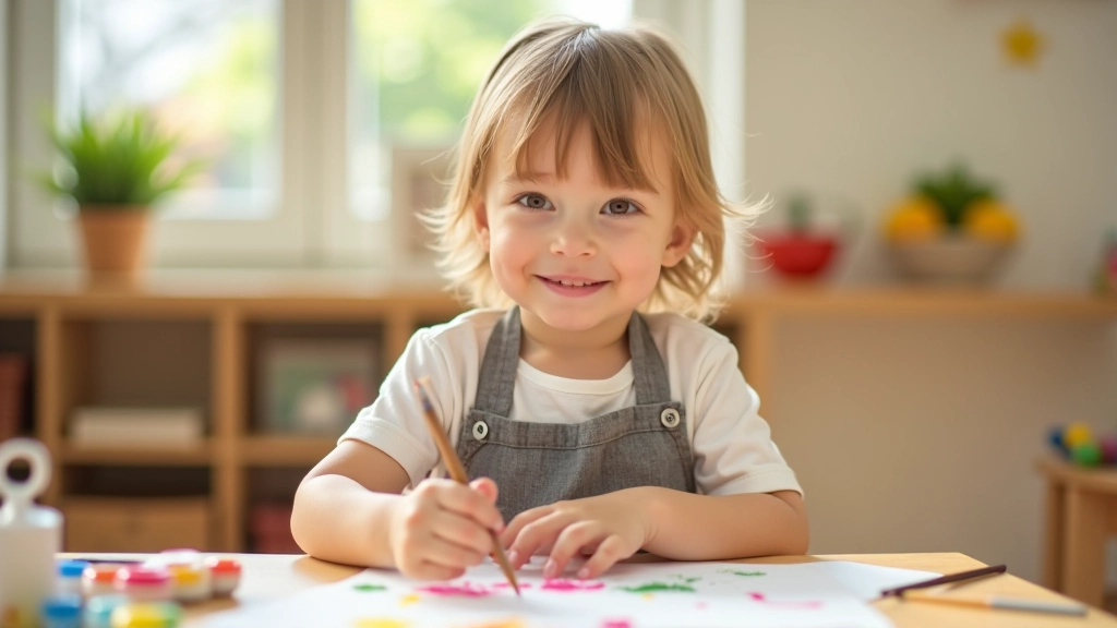 Young child engaged in creative art activity with colorful painting materials in bright play space